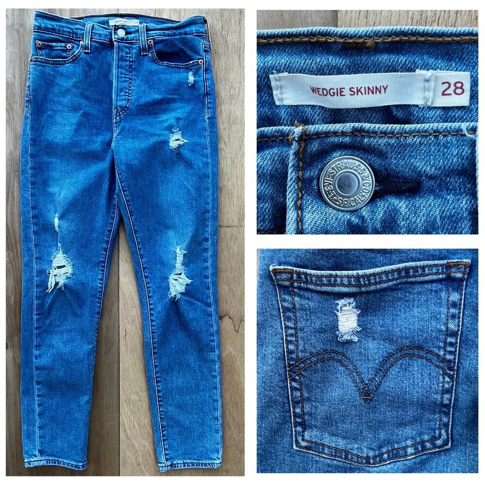 LEVIS WEDGIE SKINNY BUTTON FLY MID RISE WOMEN’S JEANS sz 28 Destructed STRETCH